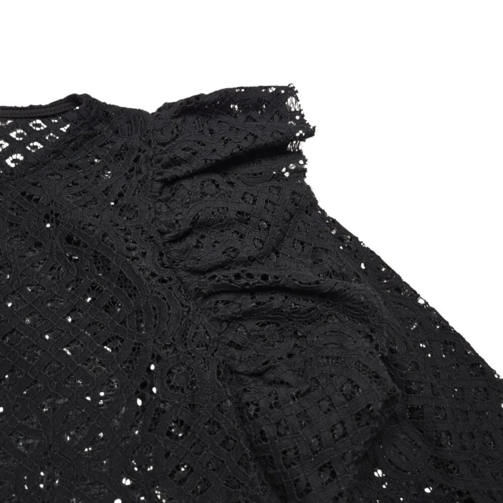Zara‎ Crop Top Women Medium Black Sheer Open Knit Bell Sleeve Whimsigoth Ruffle